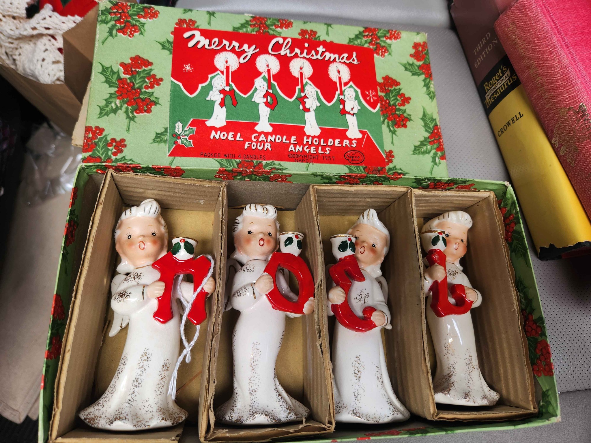 Vintage ceramic angel candle holder set in white with red letters
