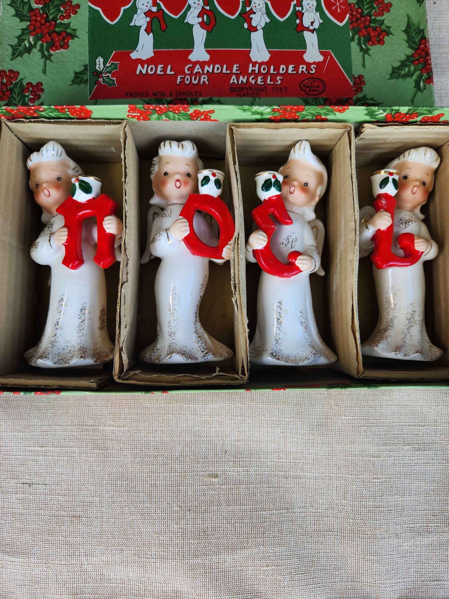 Vintage ceramic angel candle holder set in white with red letters