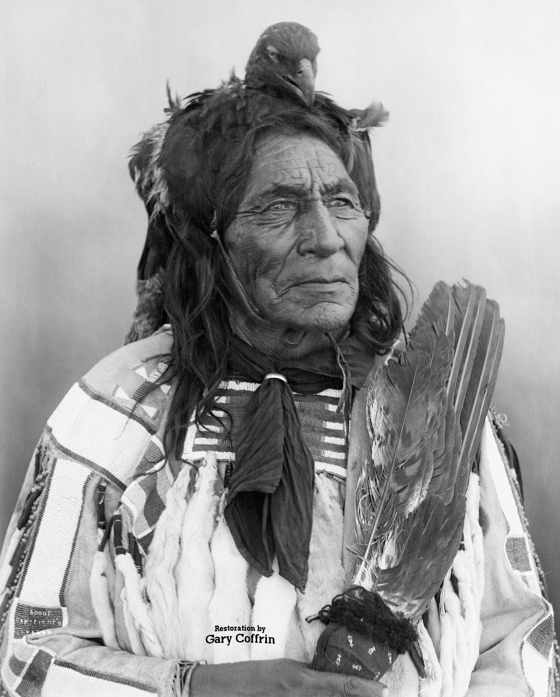 Gary - 𝗟𝗢𝗡𝗚 𝗢𝗧𝗧𝗘𝗥, 1905, wearing a raptor headdress. The Crow tribe of ...