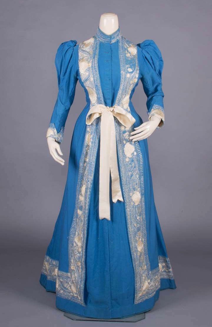 blue serge dress Vintage 1889 Wool Tea Gown with White Silk Floss Embroidery cut to an A