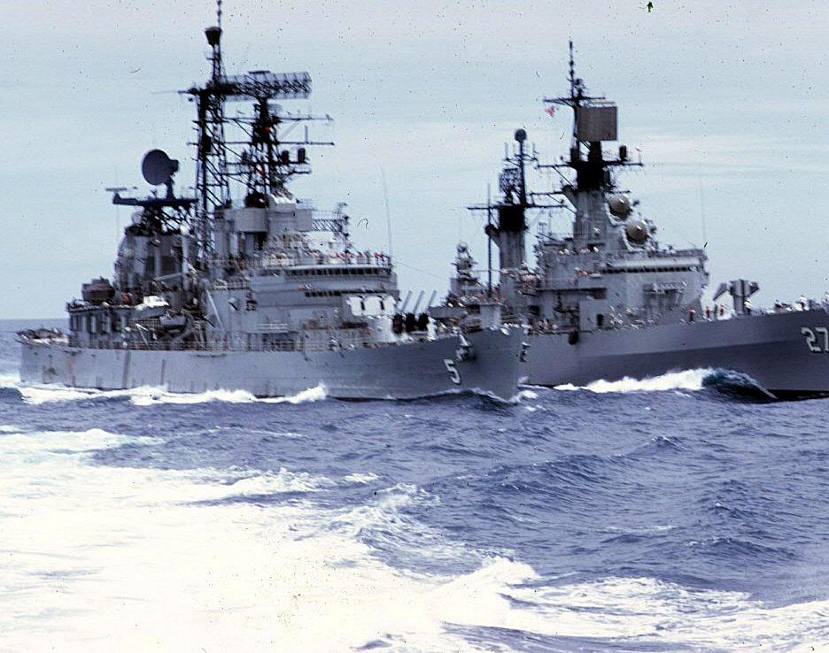 A look back to USS Oklahoma City CLG-5 making a tight turn to port