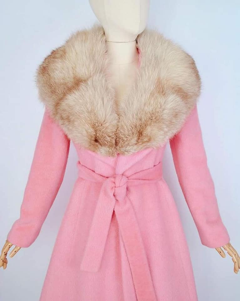 1960's Lilly Ann Red plaid coat with black fox fur.