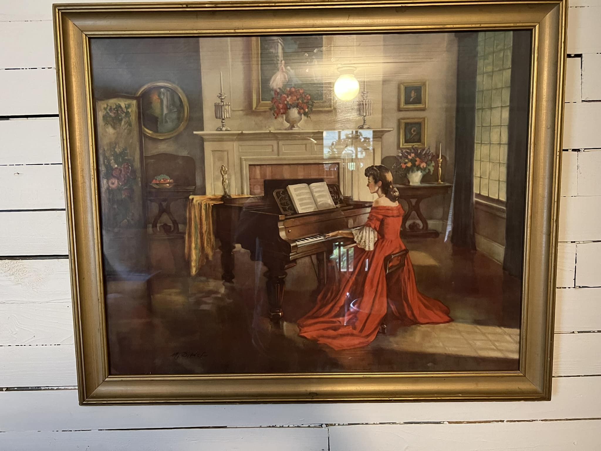 lady in red dress playing piano painting What is this beautiful piano-playing woman painting? antique painting of woman playing piano