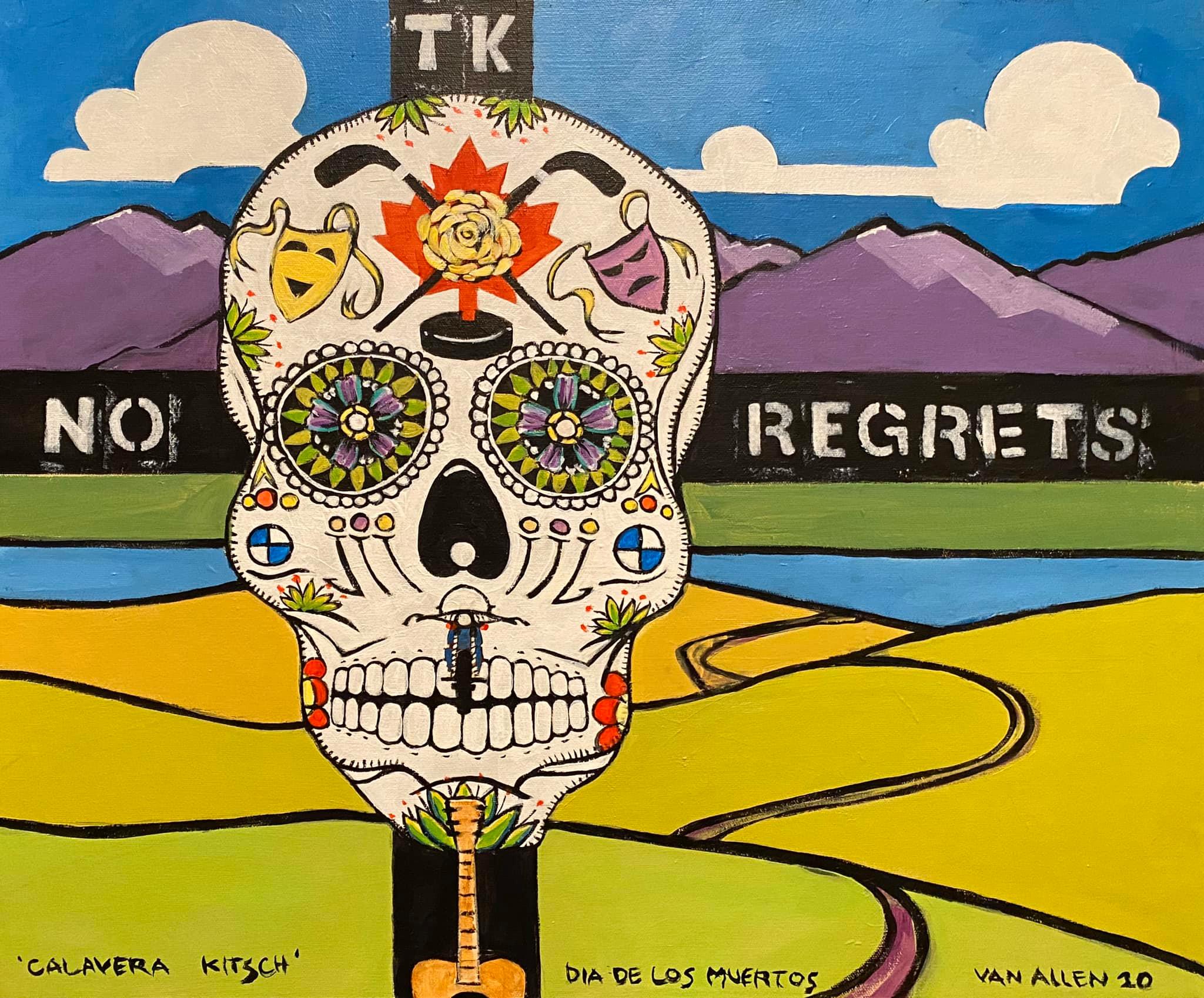 Acrylic painting of a skull with personal symbols