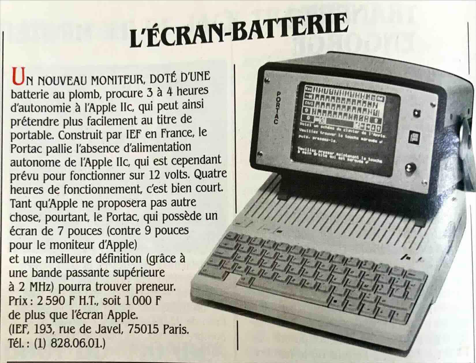 Portac monitor for Apple IIc with 3-4 hours autonomy
