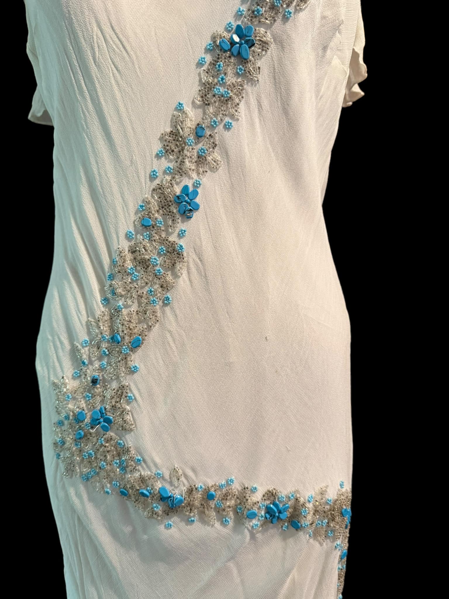 white dress with turquoise beading Sold<~~ Beautiful vintage 90's Newport News handkerchief style amazing stone accents with clear .. this is a sexy firm fitting dress that has double sheer cap sleeves white wedding dress with turquoise accents