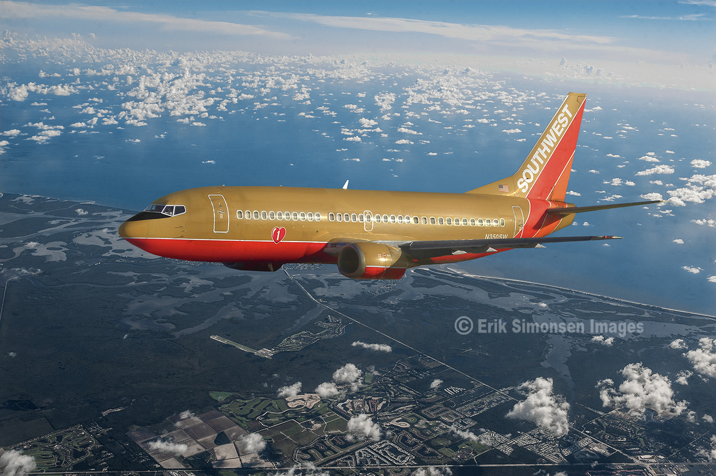 Ian Stevenson 希少直筆ドローイング Inflight view Southwest Airlines Boeing 737-3H4 (N350SW) --- Erik