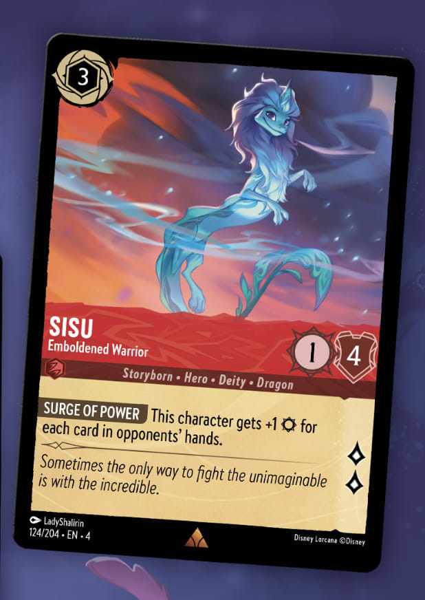 sisu lorcana card Lorcana: Rise of the Floodborn Sleeves Deity Strength2 Willpower4 Lore Value2 Rarity Card Sisu Empowered Sibling Legendary