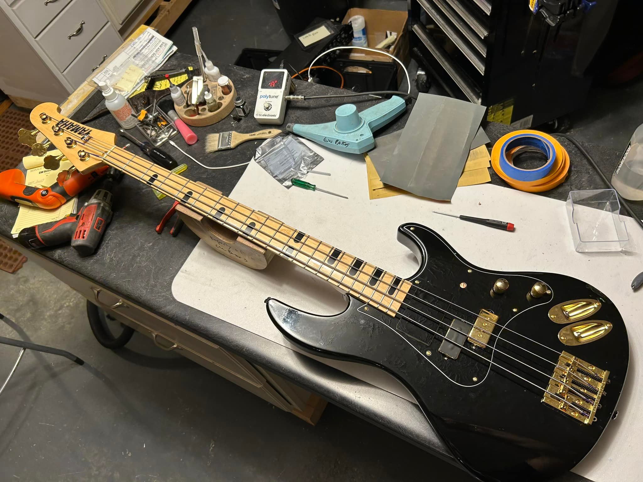 Yamaha Attitude basses customized with Monkey Grip and swirl paint