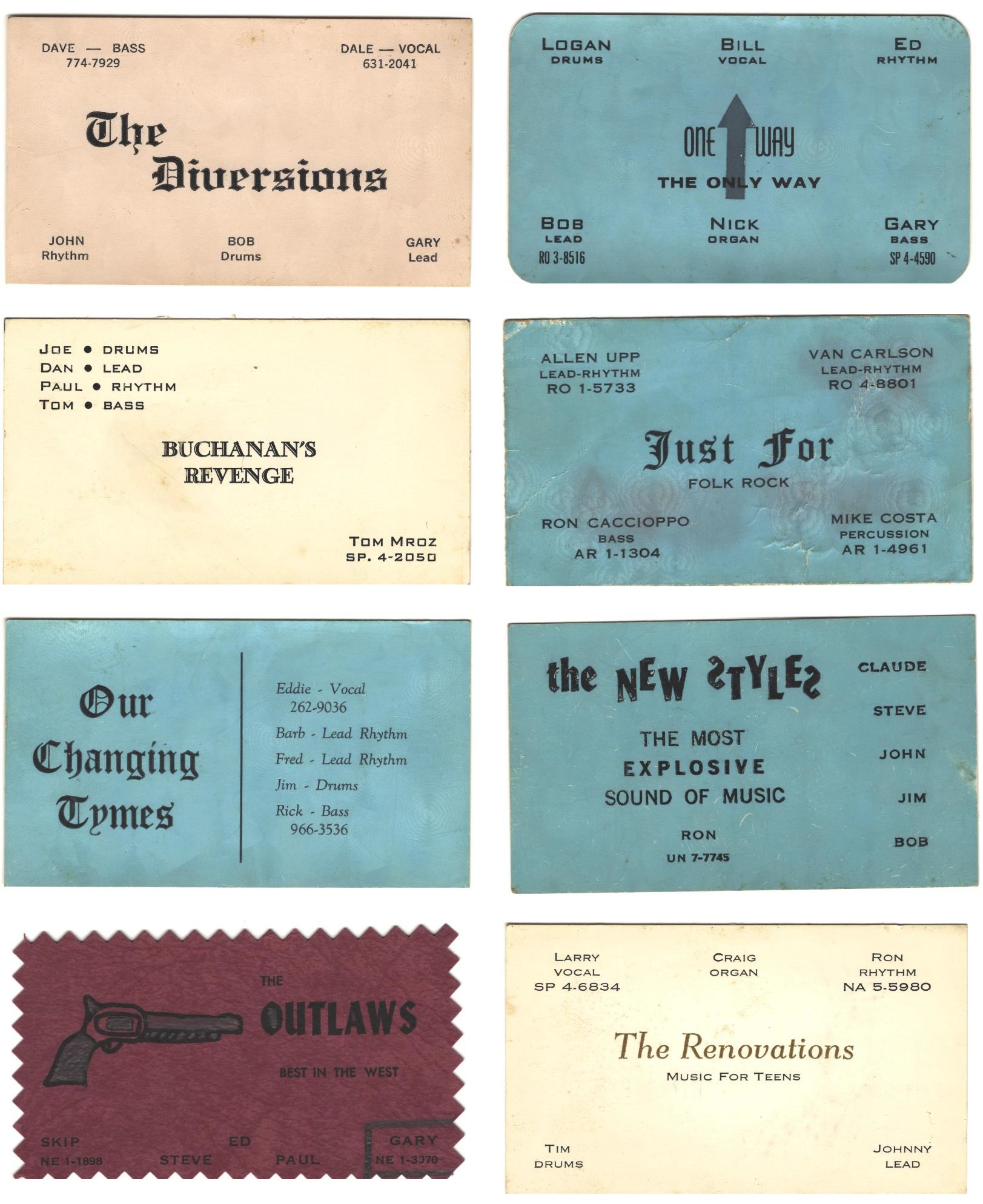 Vintage Chicago rock band business cards from 1960s and 1970s