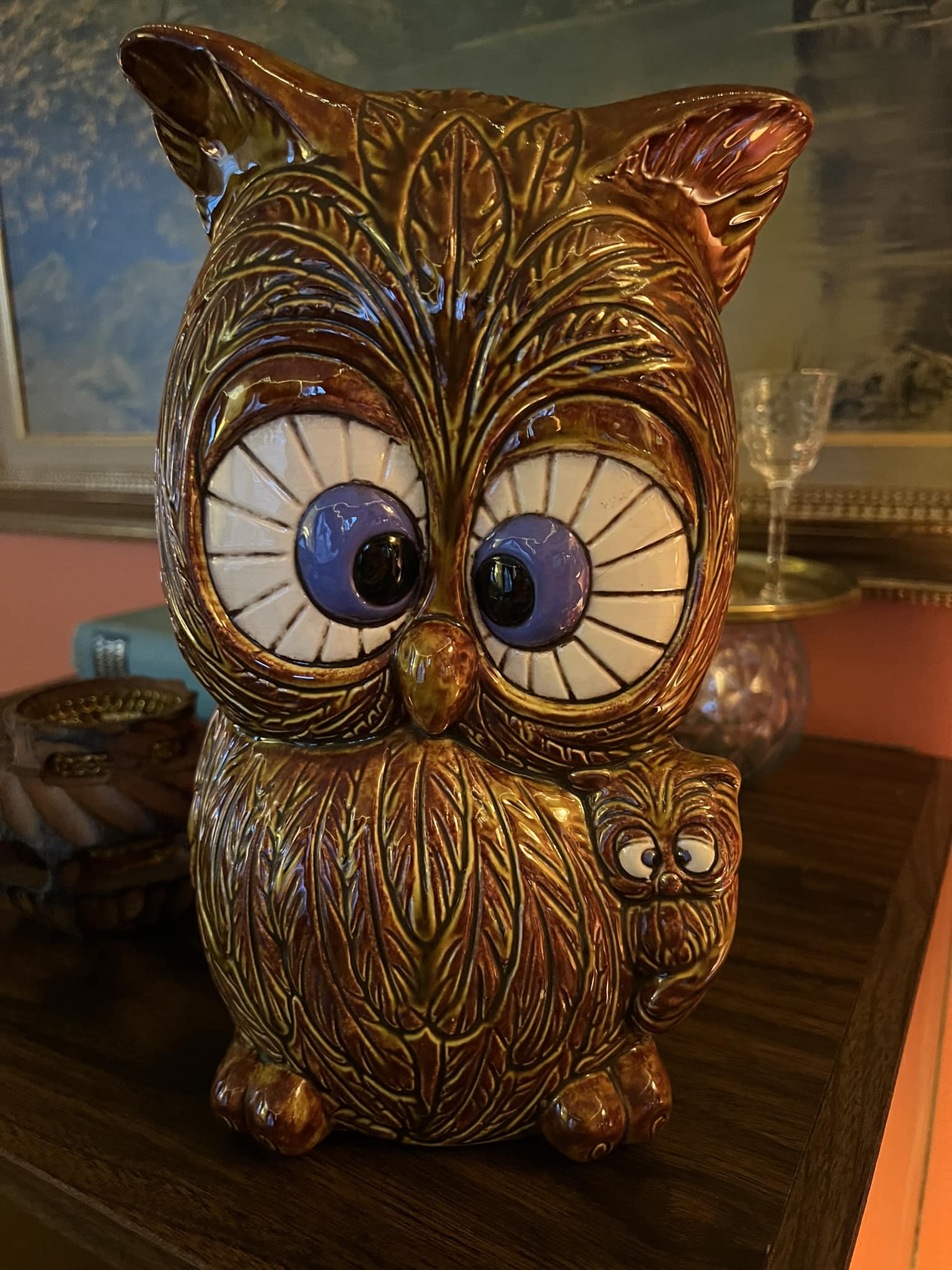 Vintage ceramic Arnel's mold owl clock from Ohio Goodwill
