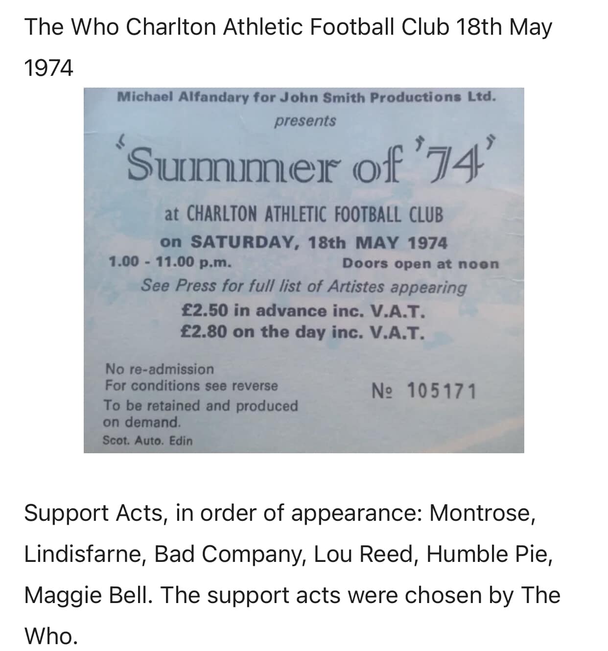 The Who topping the bill at Charlton Athletic