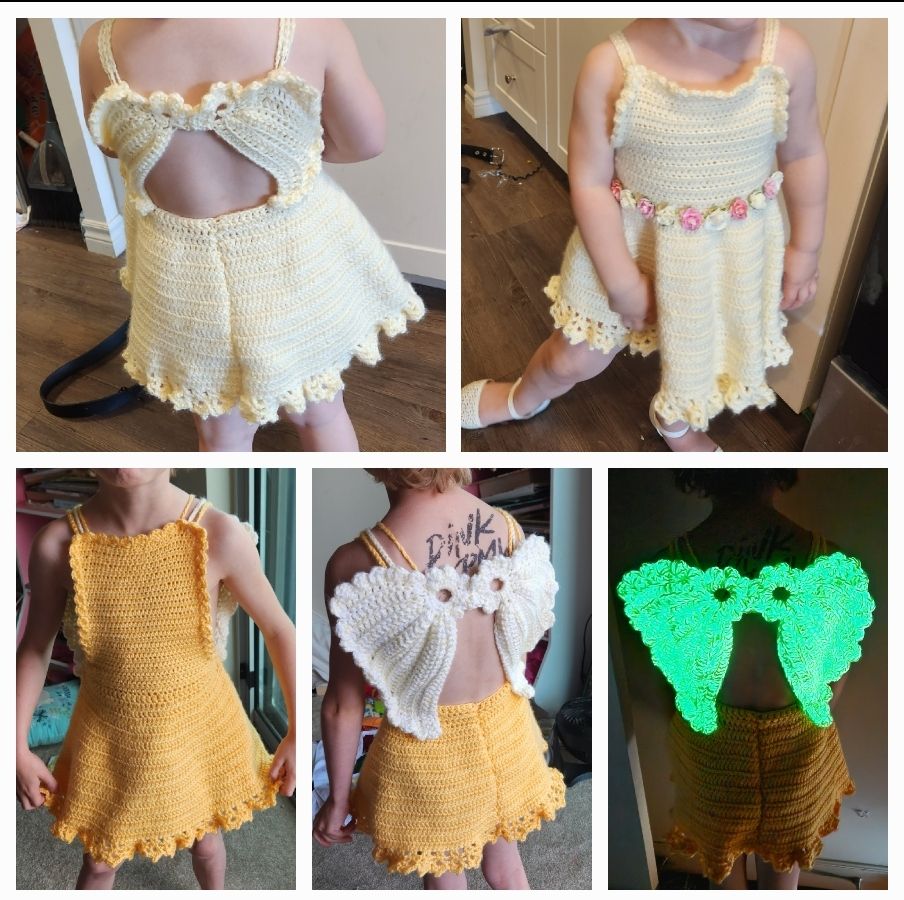 Crocheted little angel toddler dress with glowing yarn