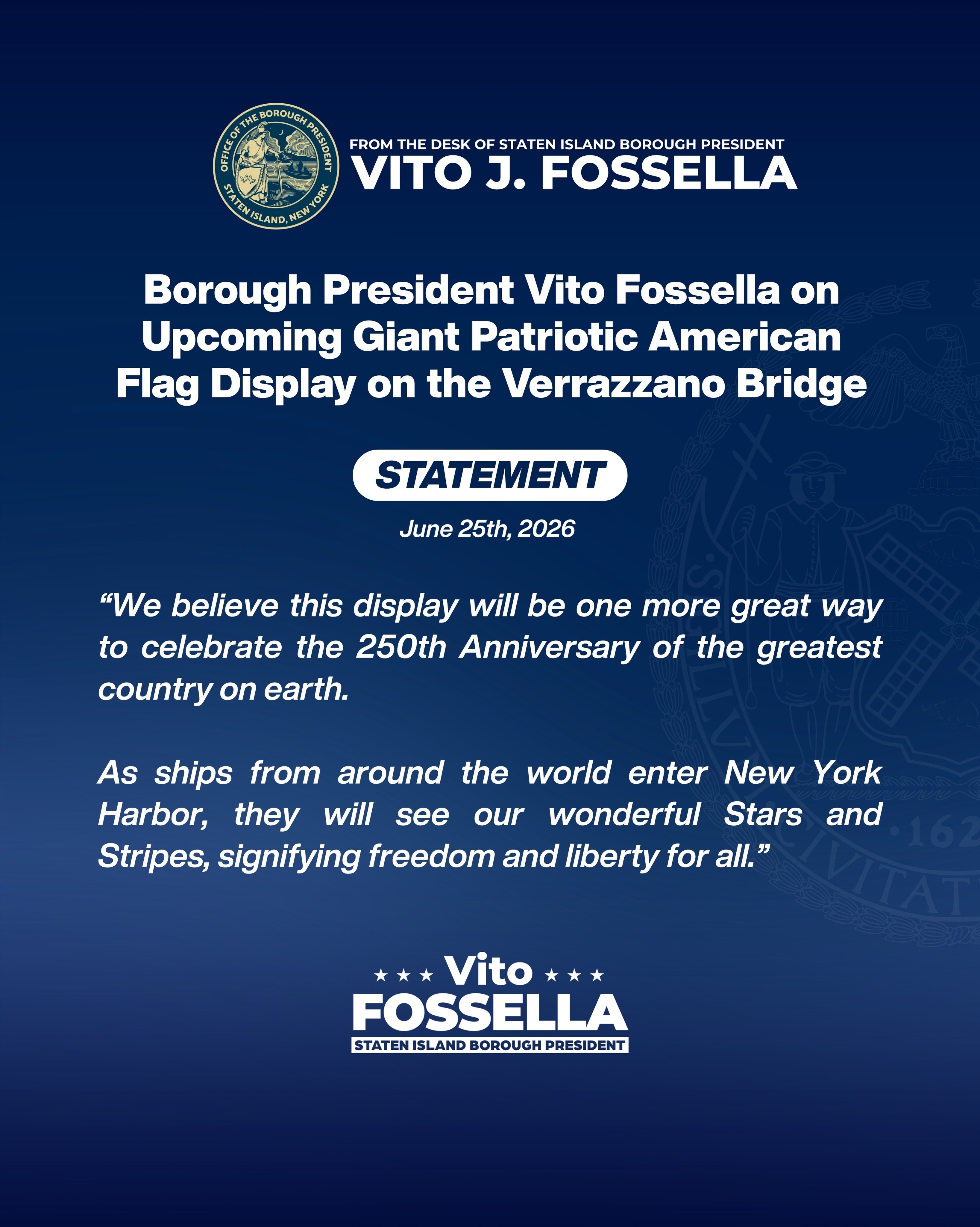 🇺🇸Borough President Vito Fossella issued the following statement