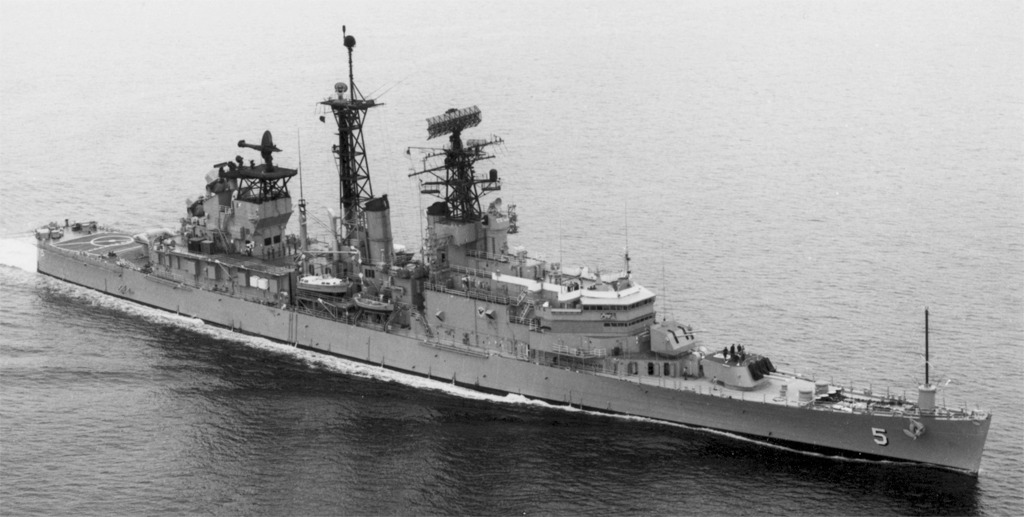 A look back to USS Oklahoma City CLG-5 making a tight turn to port