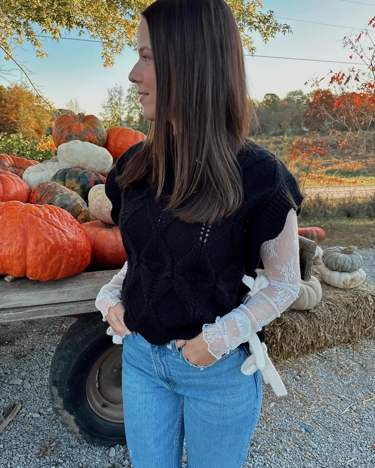 Knit vest and lace top outfit inspiration