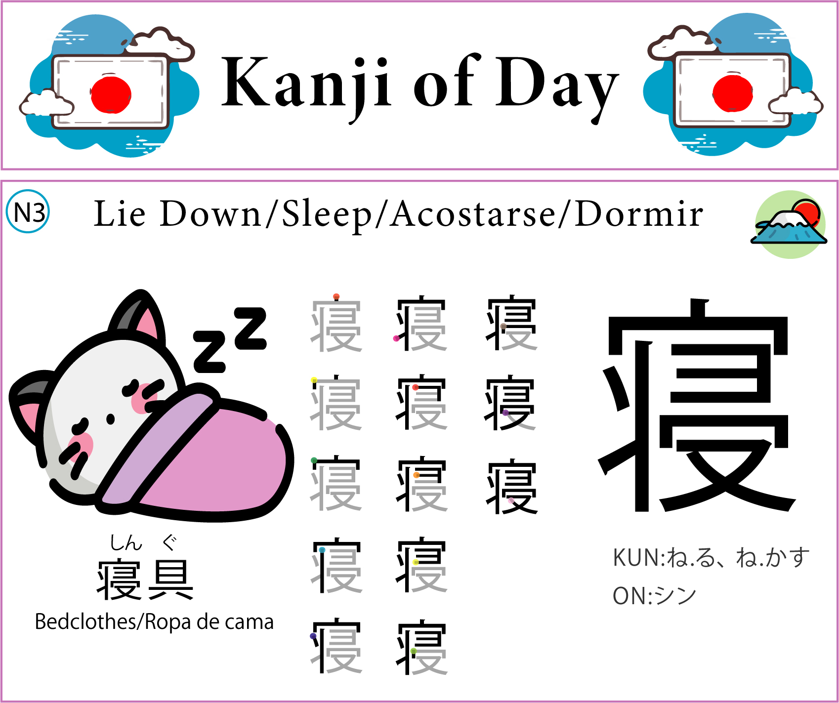Japanese kanji for morning, noon, evening, and night