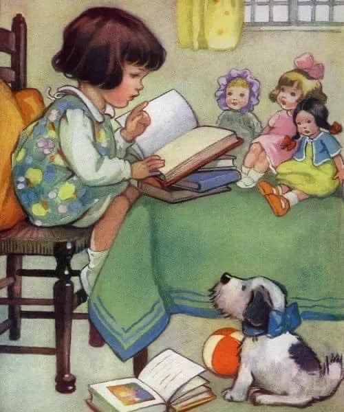 Girl reading to dolls and dog