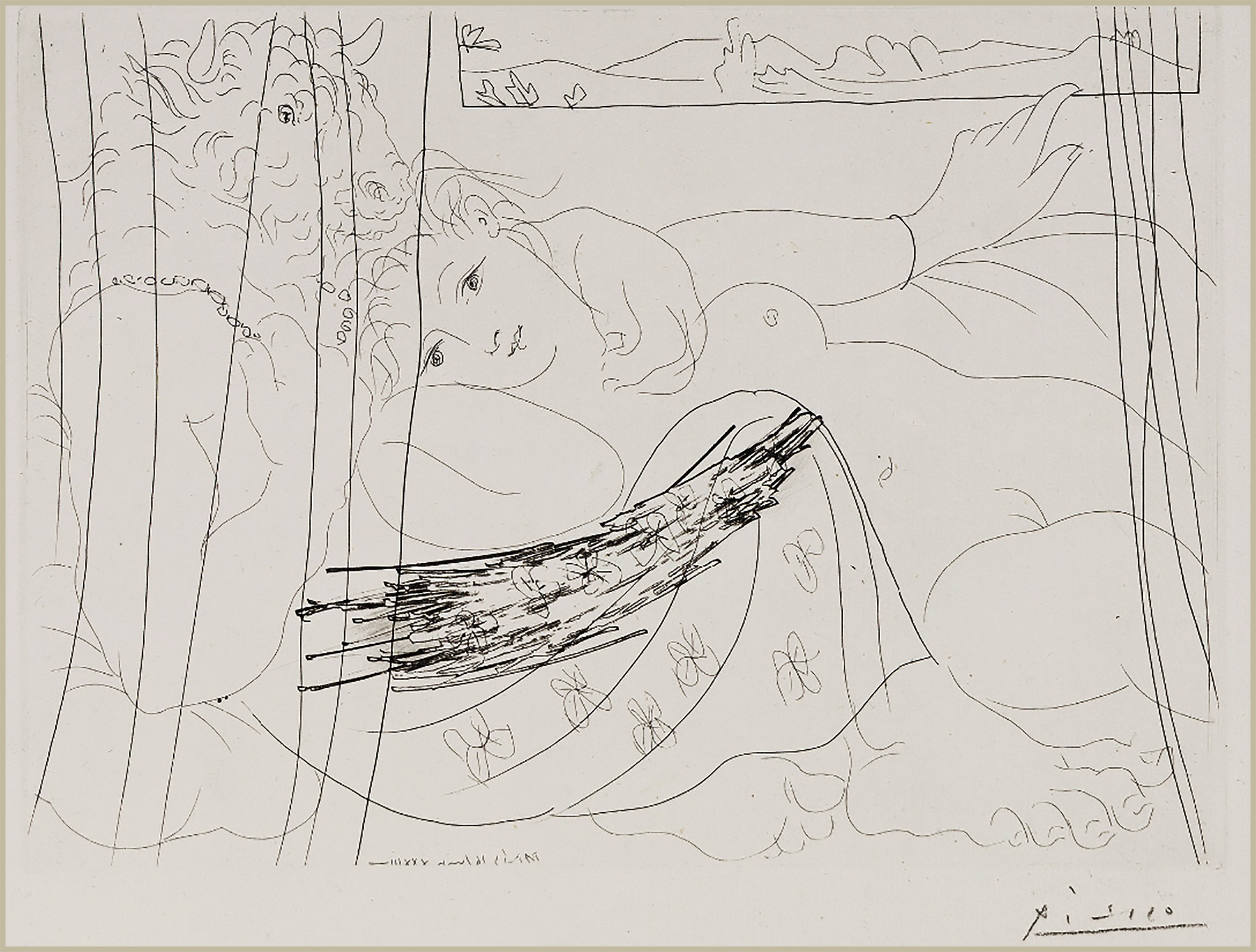 Pablo Picasso. Minotaur and Woman behind a Curtain. 1933