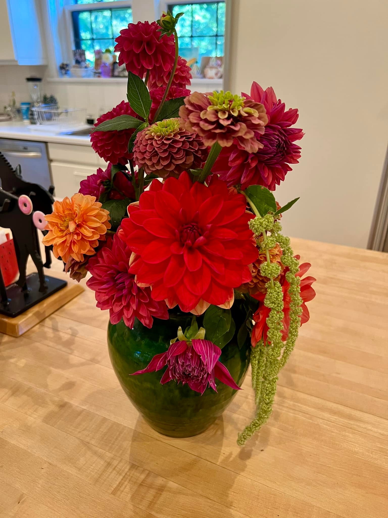 Dahlia and zinnia bouquet with Patricia Ann's Sunset and Zundert