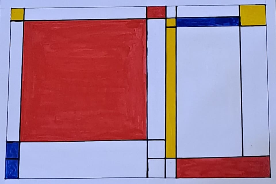 Piet Mondrian's 1930 composition with red, blue, and yellow
