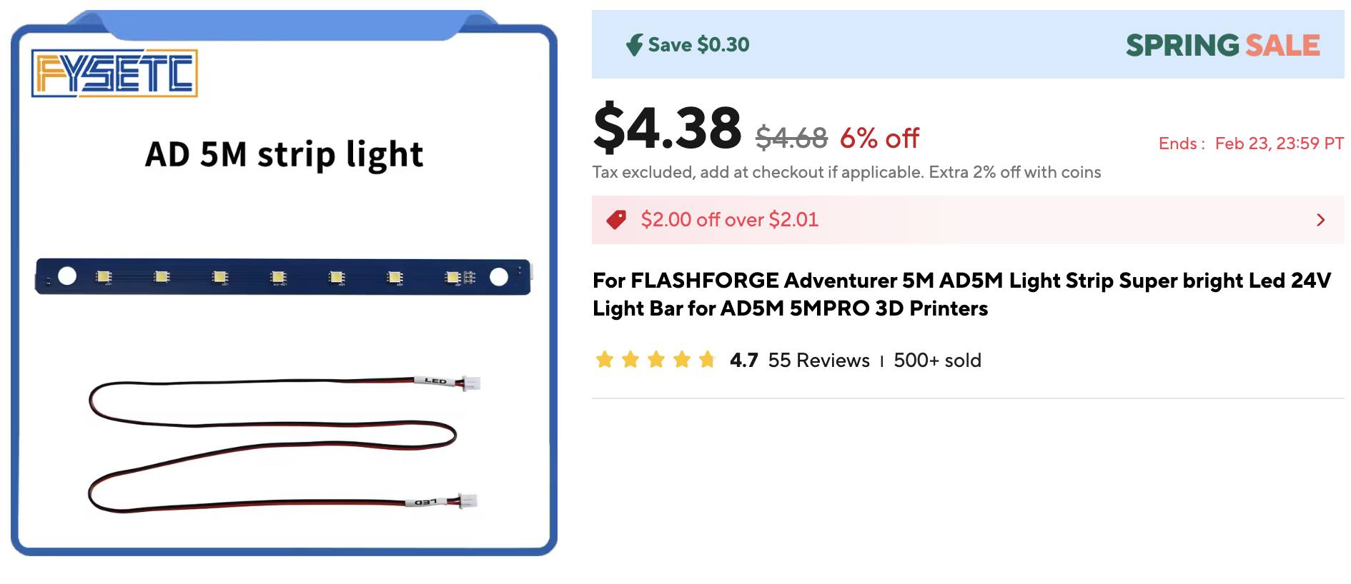 Flash Forge 3d Printer 5MPro LED Light Board Strip For FlashForge ...