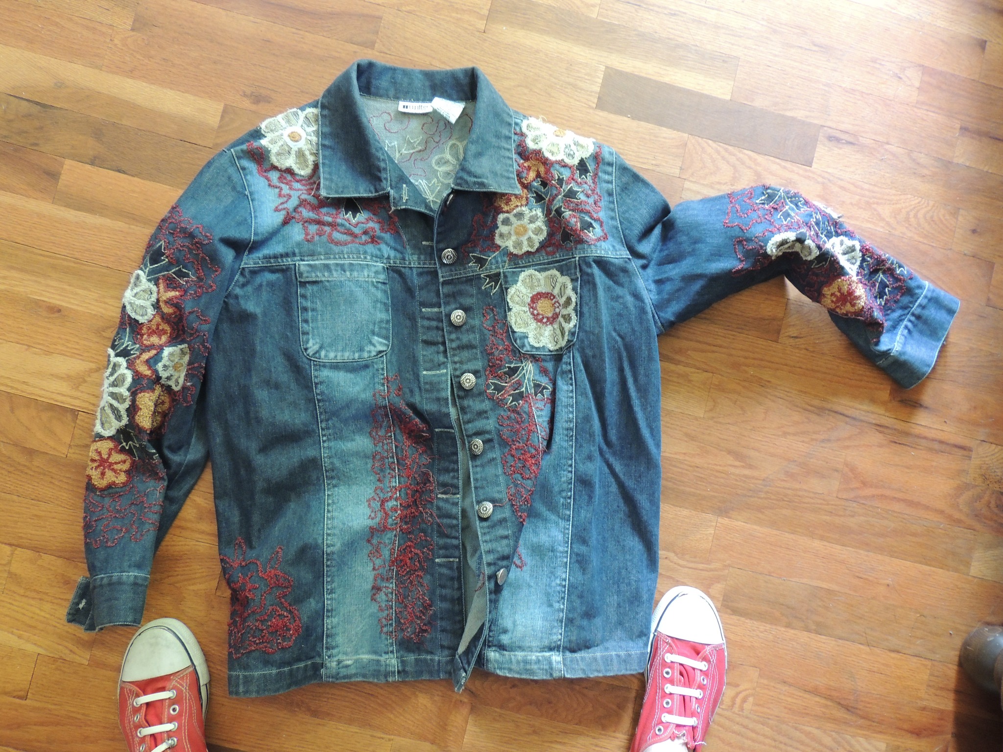 Vintage Old Navy Lover era jean jacket with pearls and patches 