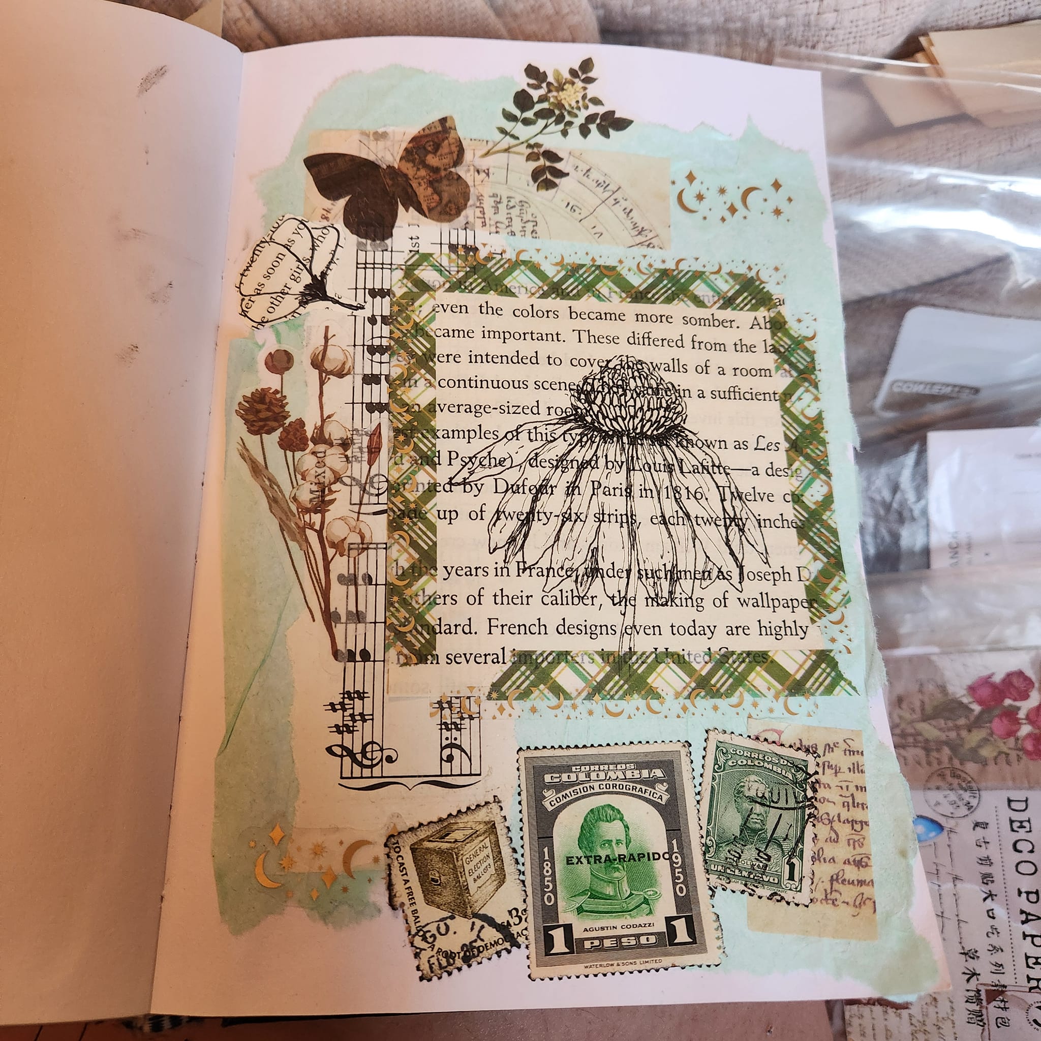 Handmade Journal Page Using Vintage Items and Washi Tape