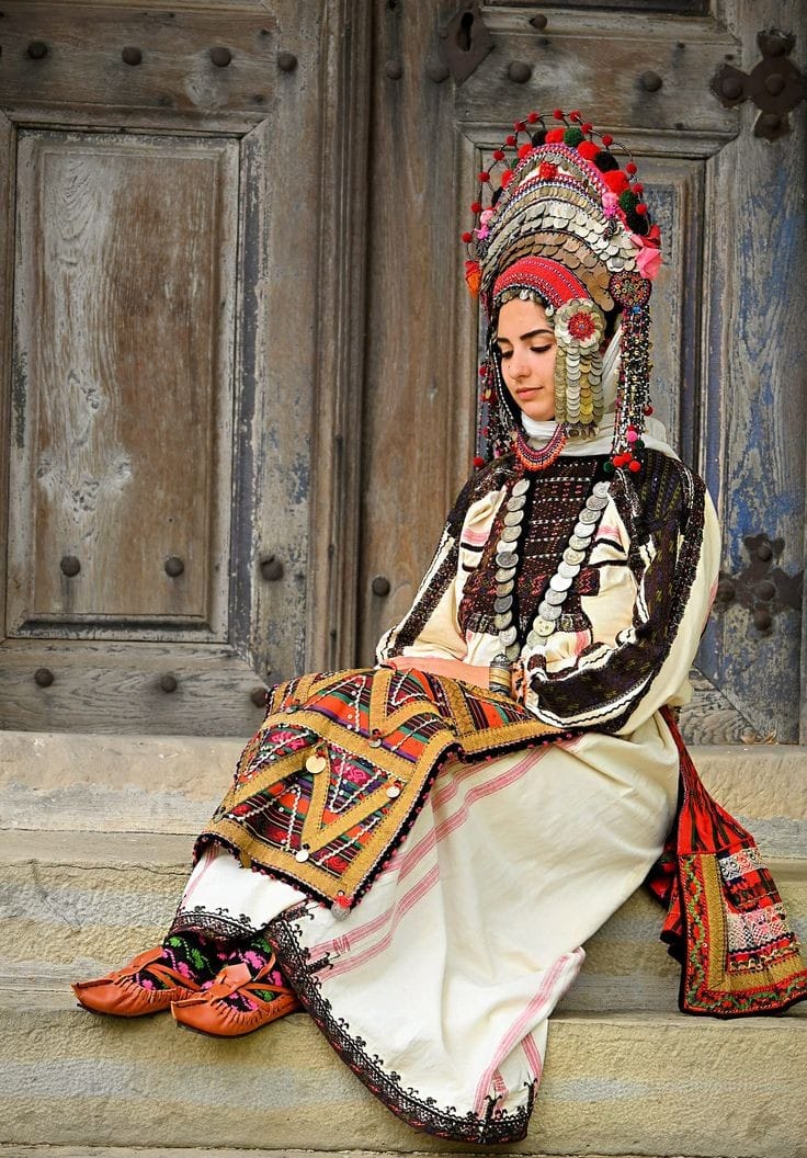 Traditional Bulgarian bridal clothing with kaitza headpiece