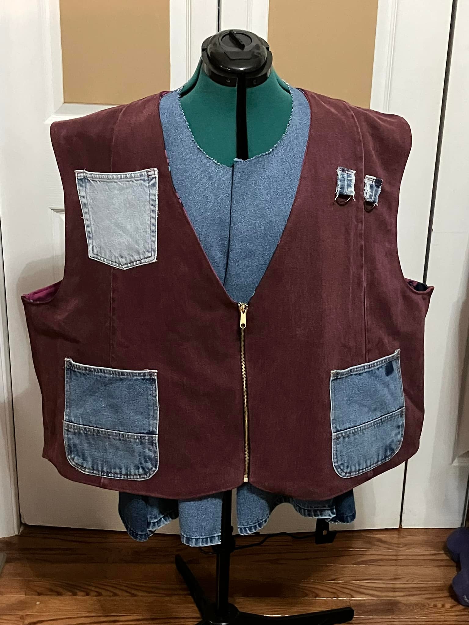 Vest made from repurposed quilt with sashiko and applique