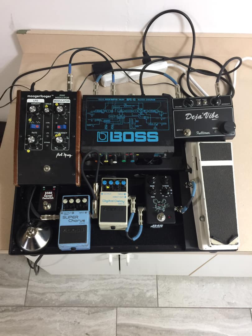 Lovepedal 60's reverb and Echoplexi pedals on shoegaze board
