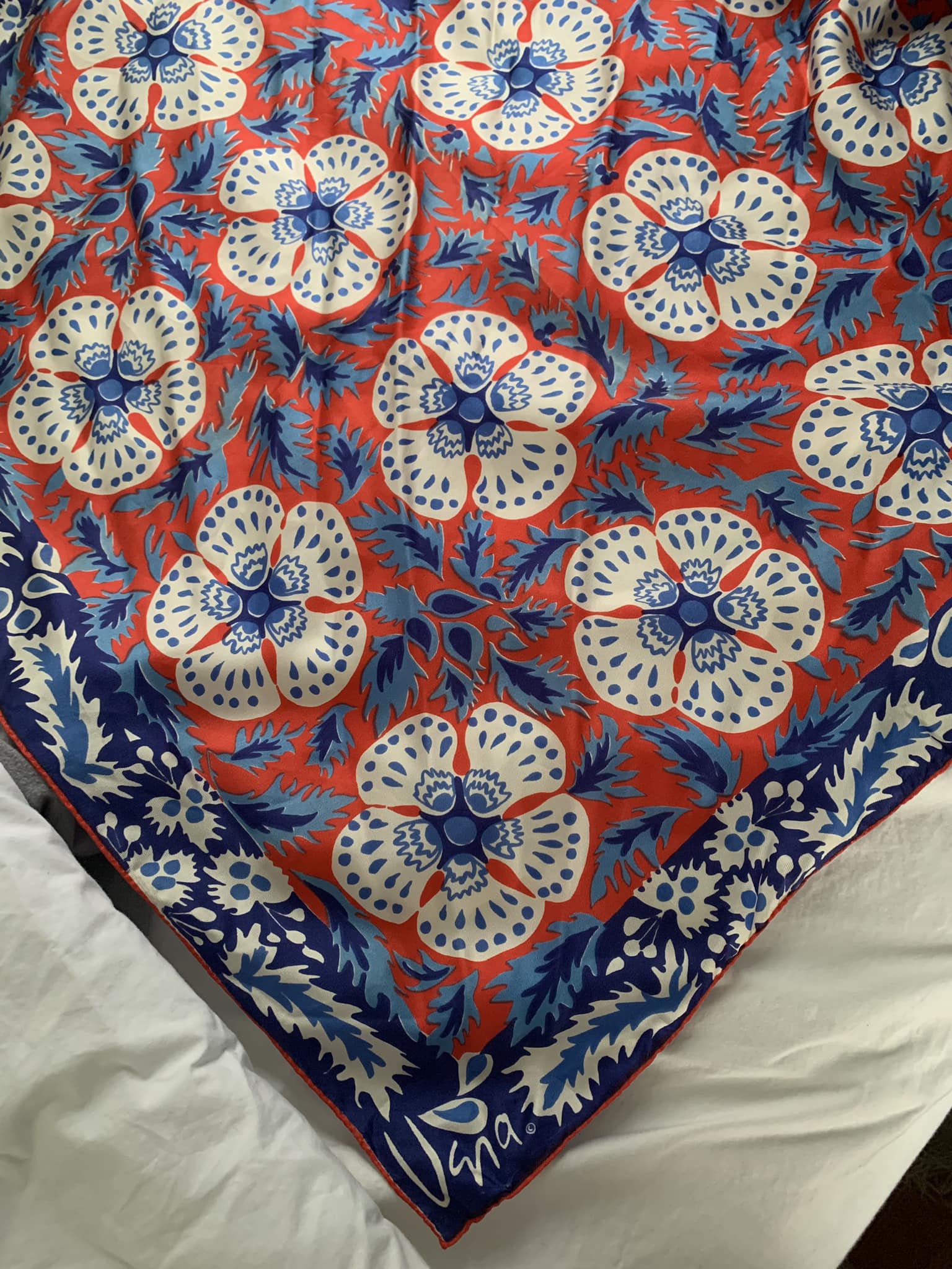 Foulard Vintage Vera Neumann Orange à Motifs - Peut Se Porter En Tour De Cou, Bandeau Ou Cache-col