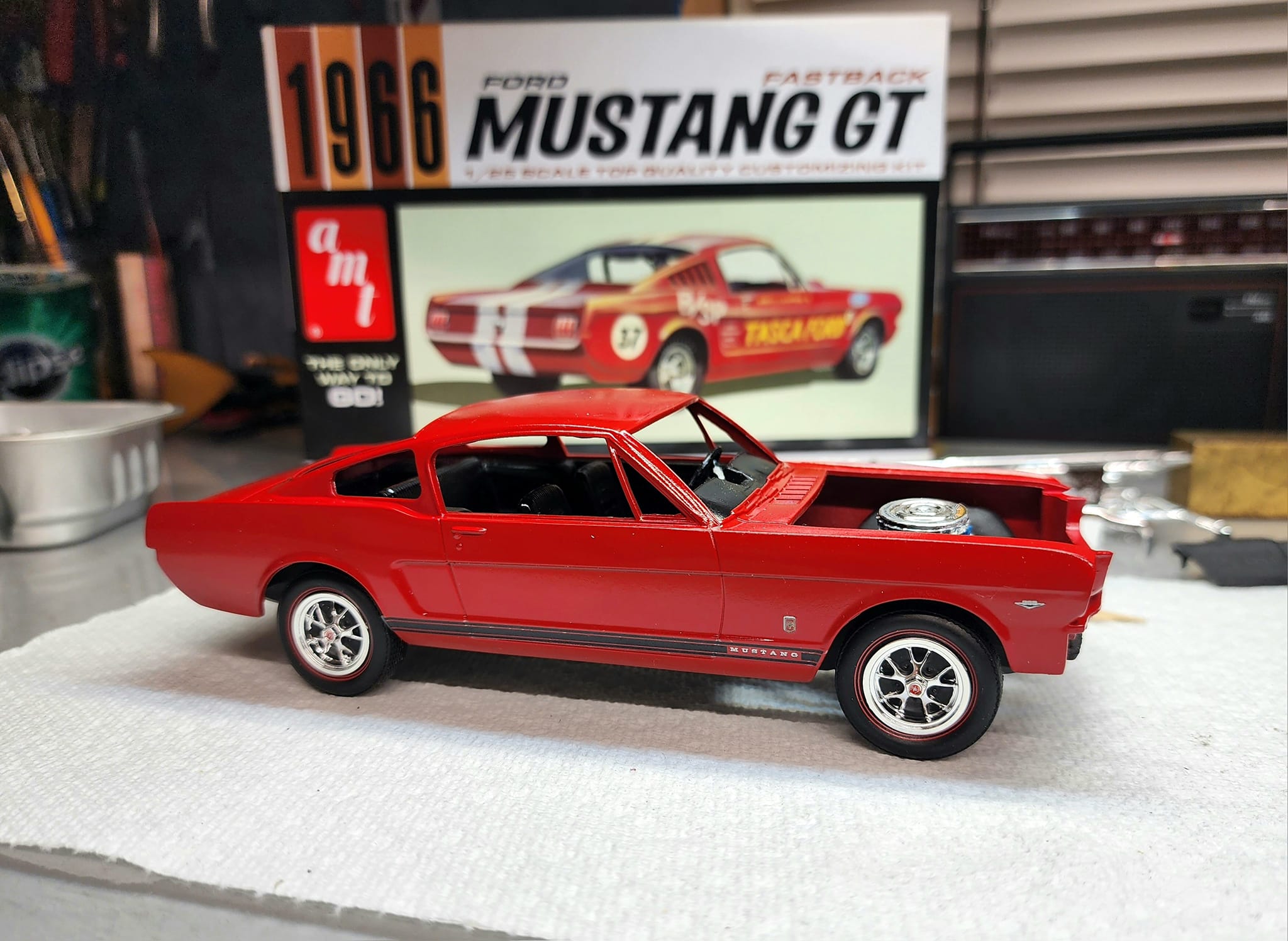 Finished AMT '66 Mustang Fastback model with Hell Drivers decals