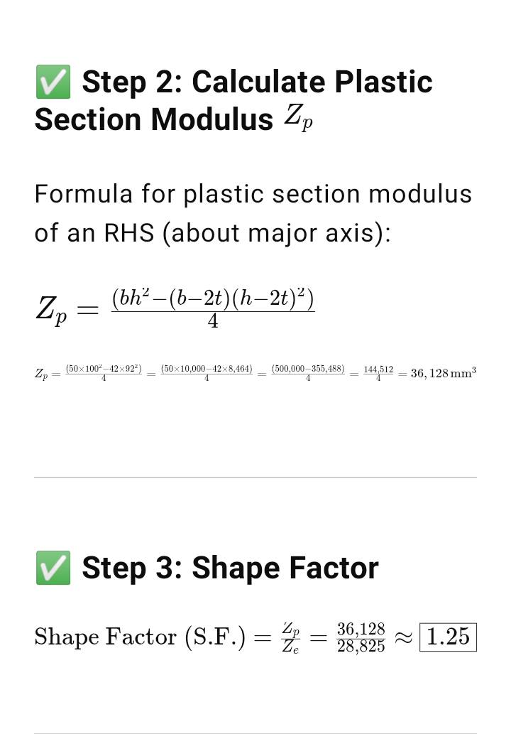 Shape factor for 100x100x3mm SHS steel section properties