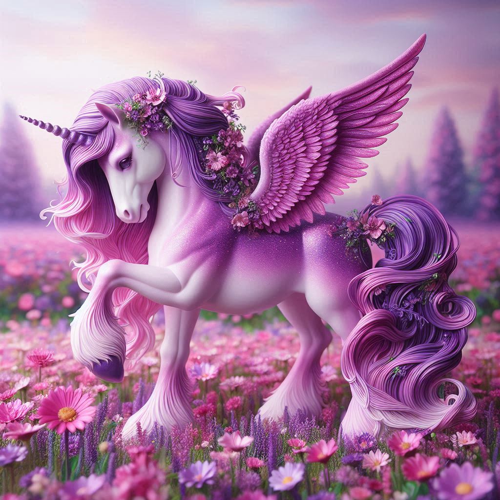 Detailed purple unicorn in a field of flowers