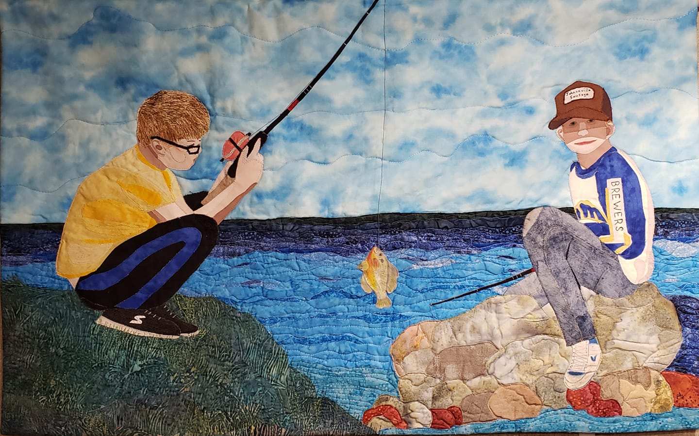 boy with fishing pole quilt block Fish Kit, Sew Sweet Baby Quilt Book. 38 X 45. kit includes f – Lake Area Quilts Sew a rustic fishing quilt with blue plaid Finished baby boy fishing quilt