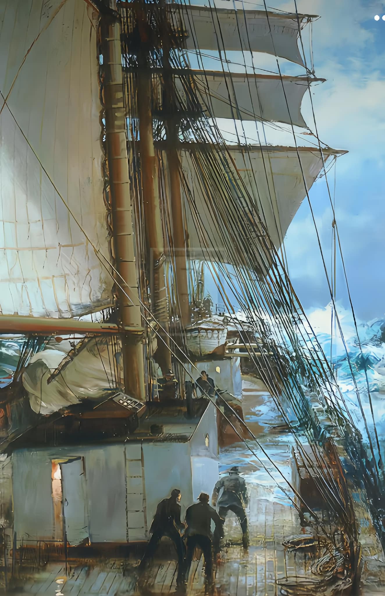 The Rising Wind on Deck Aboard.. Artist - Montague Dawson