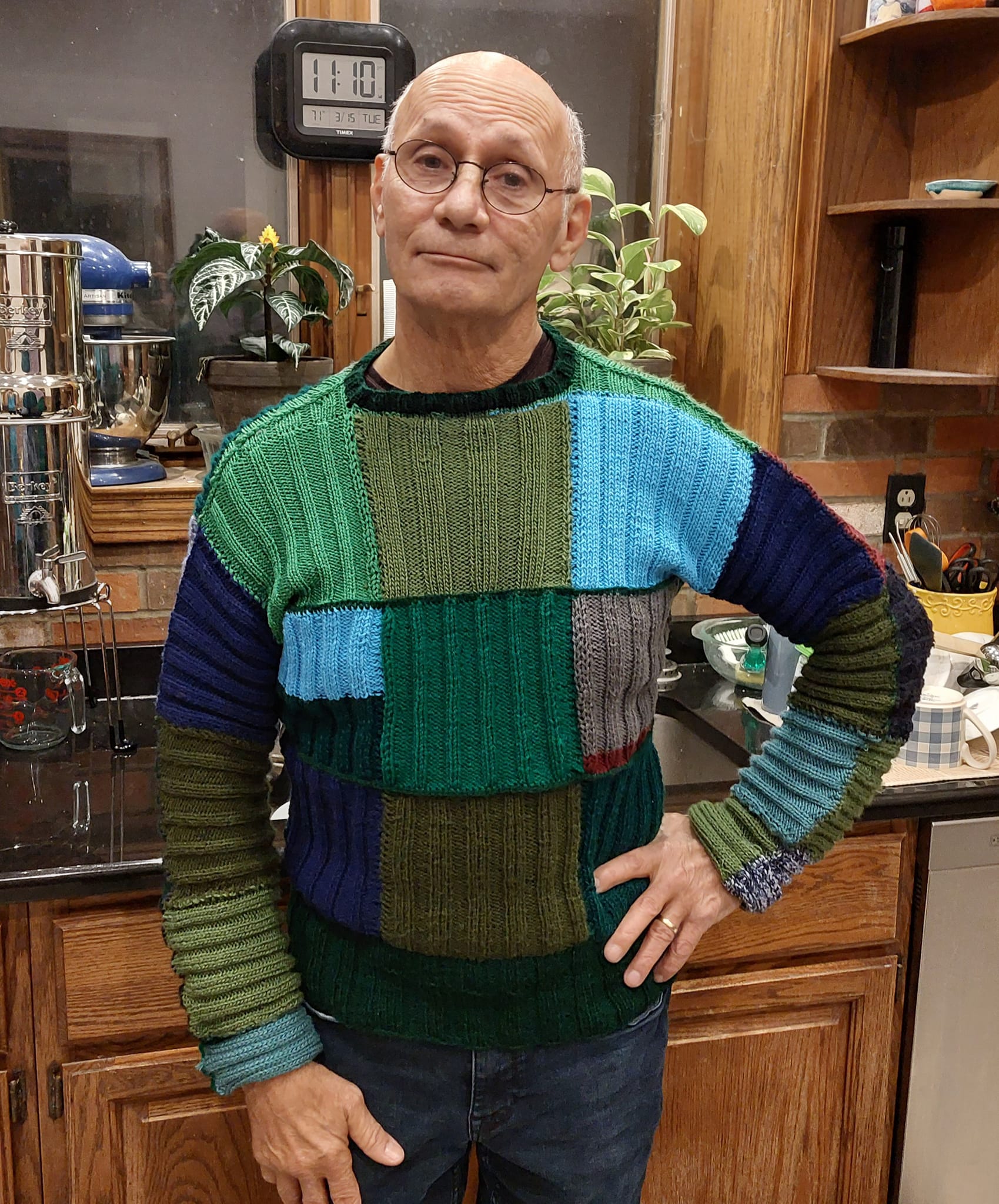 Scrap yarn sweater knit from individual ribbed squares
