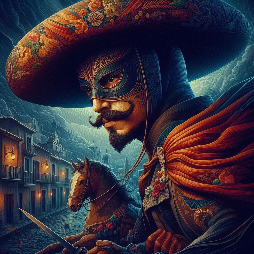 Spanish folk art Zorro rescues Mexican town
