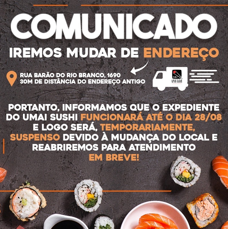 Umai Sushi - Aviso importante para vocês! 😊🍙 Aberto de terça a domingo ...