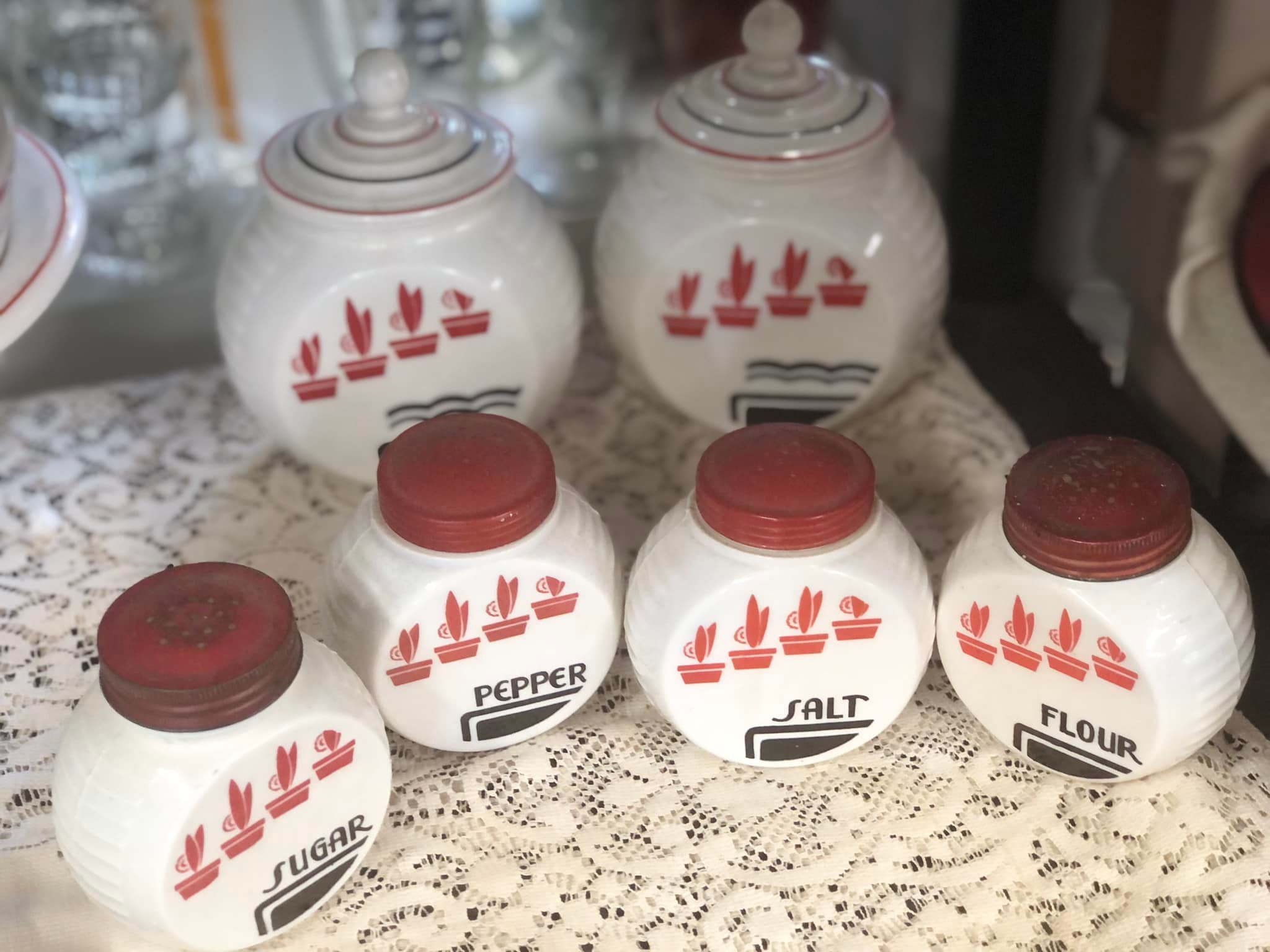 Fire King Colonial Band Grease Jar Salt & Pepper Shakers