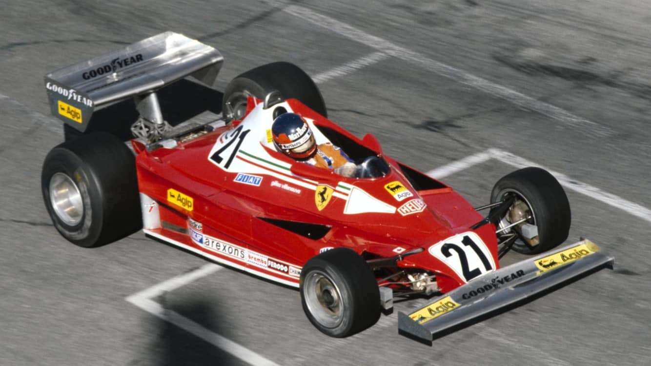 Year 1977 Japanese GP Gilles Villeneuve, Ferrari 312T2 spins onto