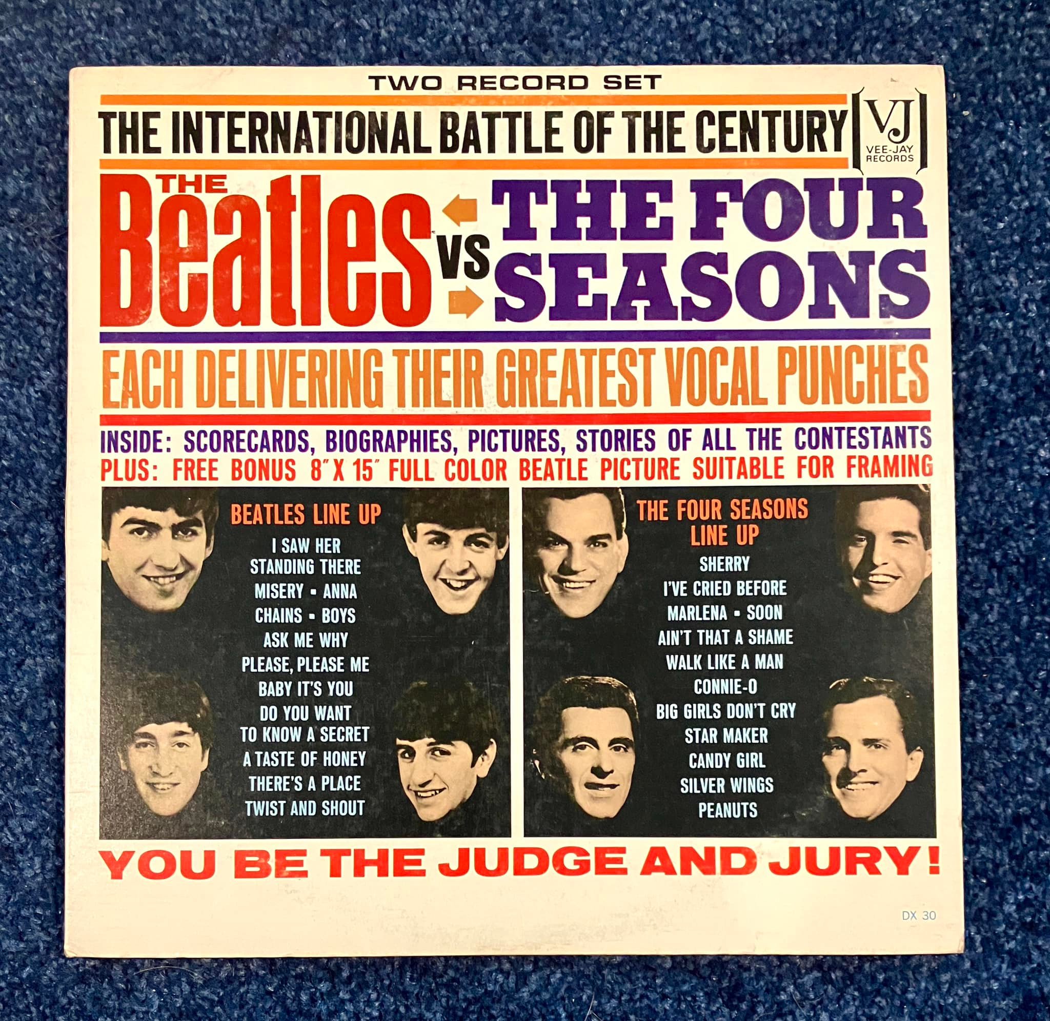 Rare Beatles vs Four Seasons mono vinyl record with inner sleeves