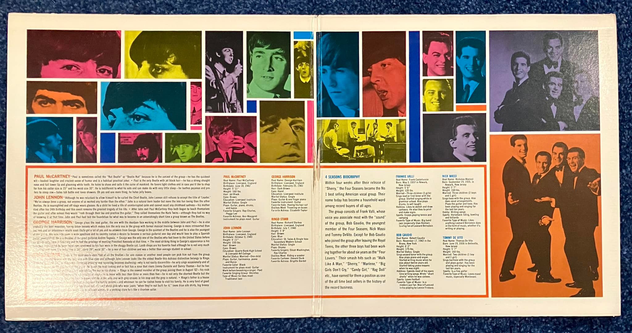 Rare Beatles vs Four Seasons mono vinyl record with inner sleeves