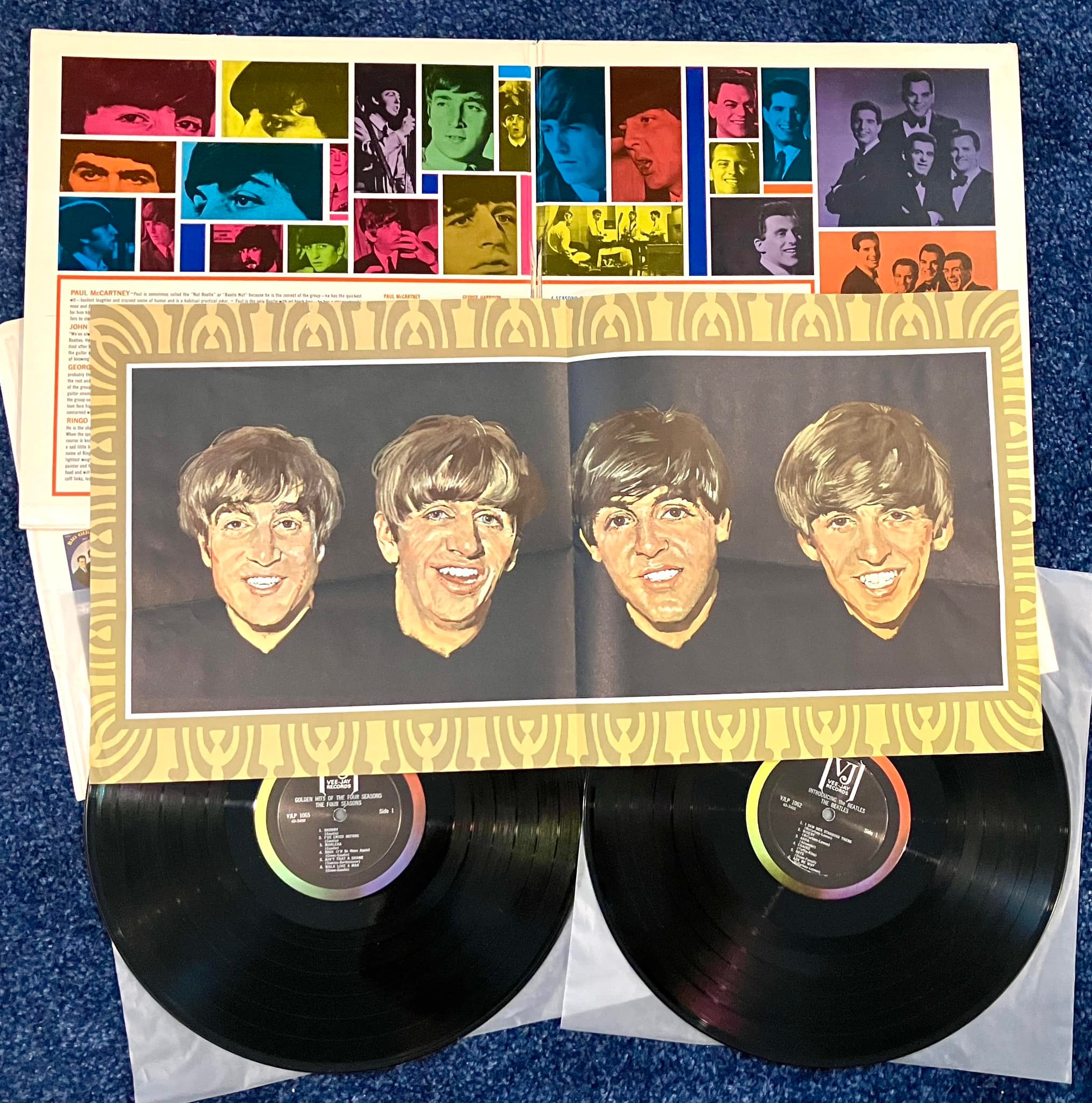 Rare Beatles vs Four Seasons mono vinyl record with inner sleeves