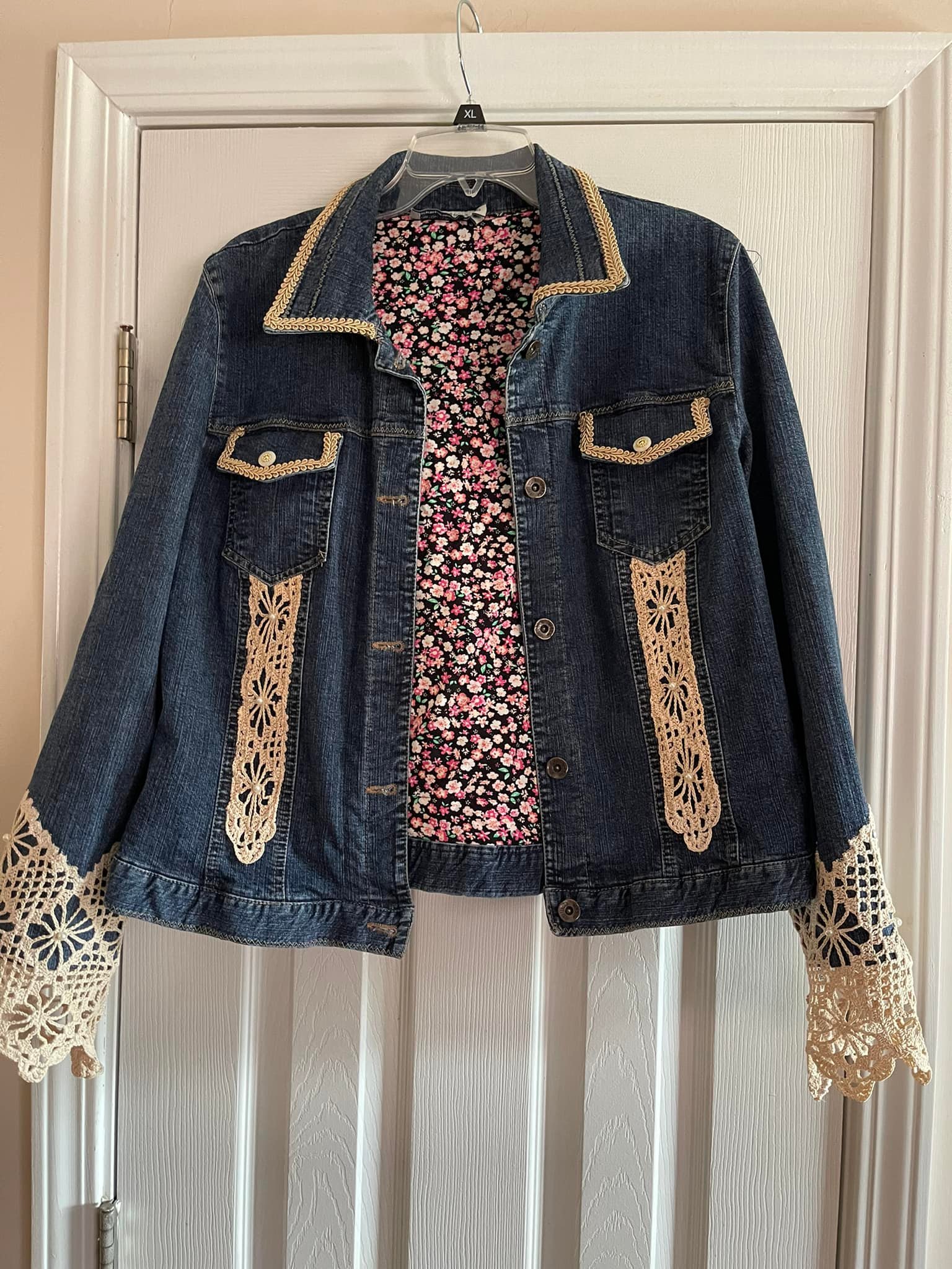 Upcycling a jean jacket with lace and trims