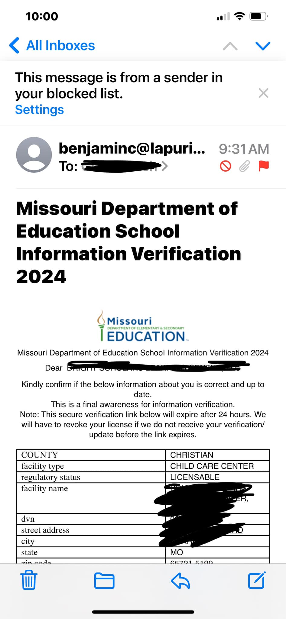maa.様ご確認幼稚園 Missouri daycare license scam email warning