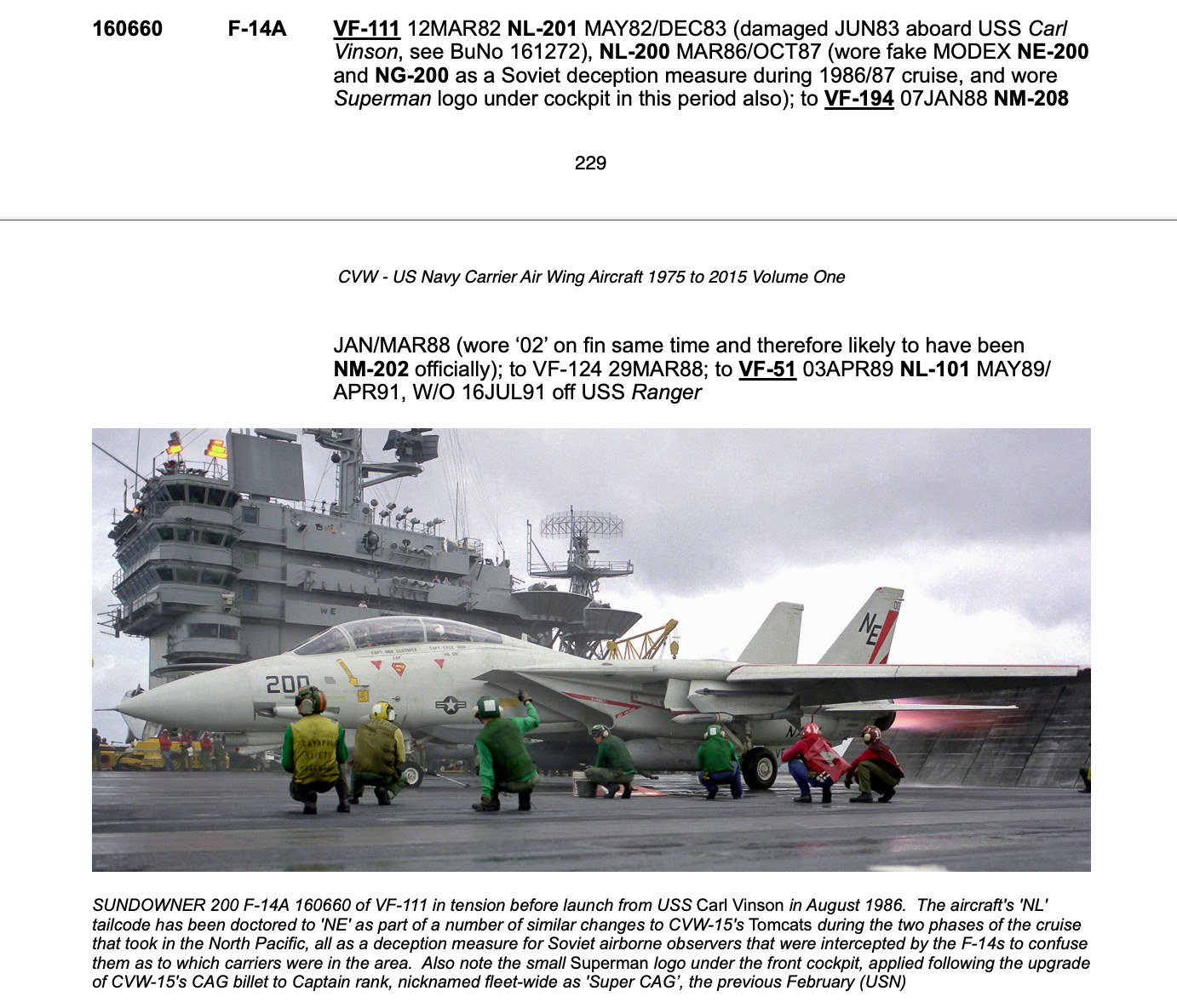 VF-111 F-14A BuNo 160660's fleet service history plus a photo of