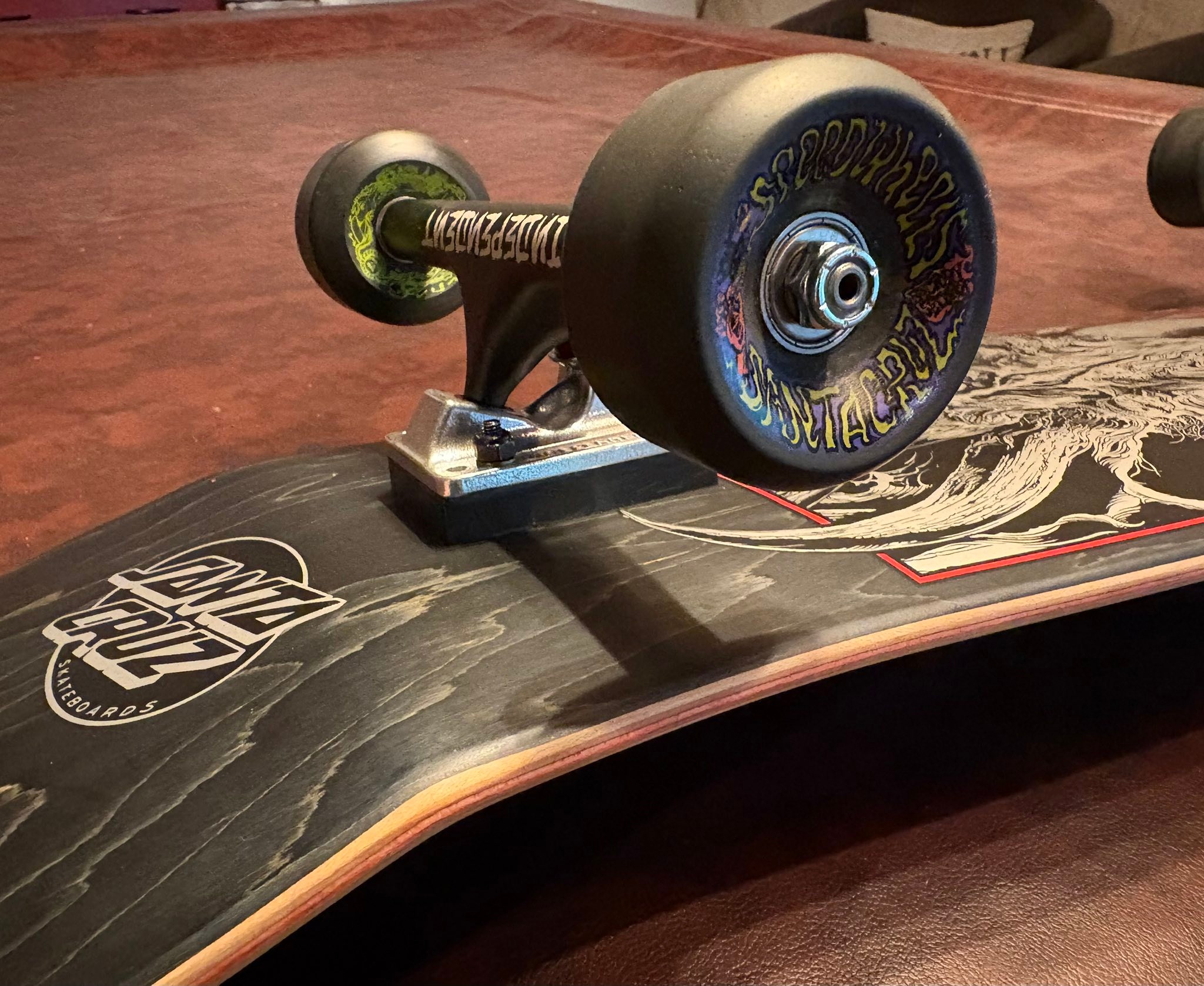 Vintage skateboard setup with Indy Stage IV trucks and Santa Cruz 