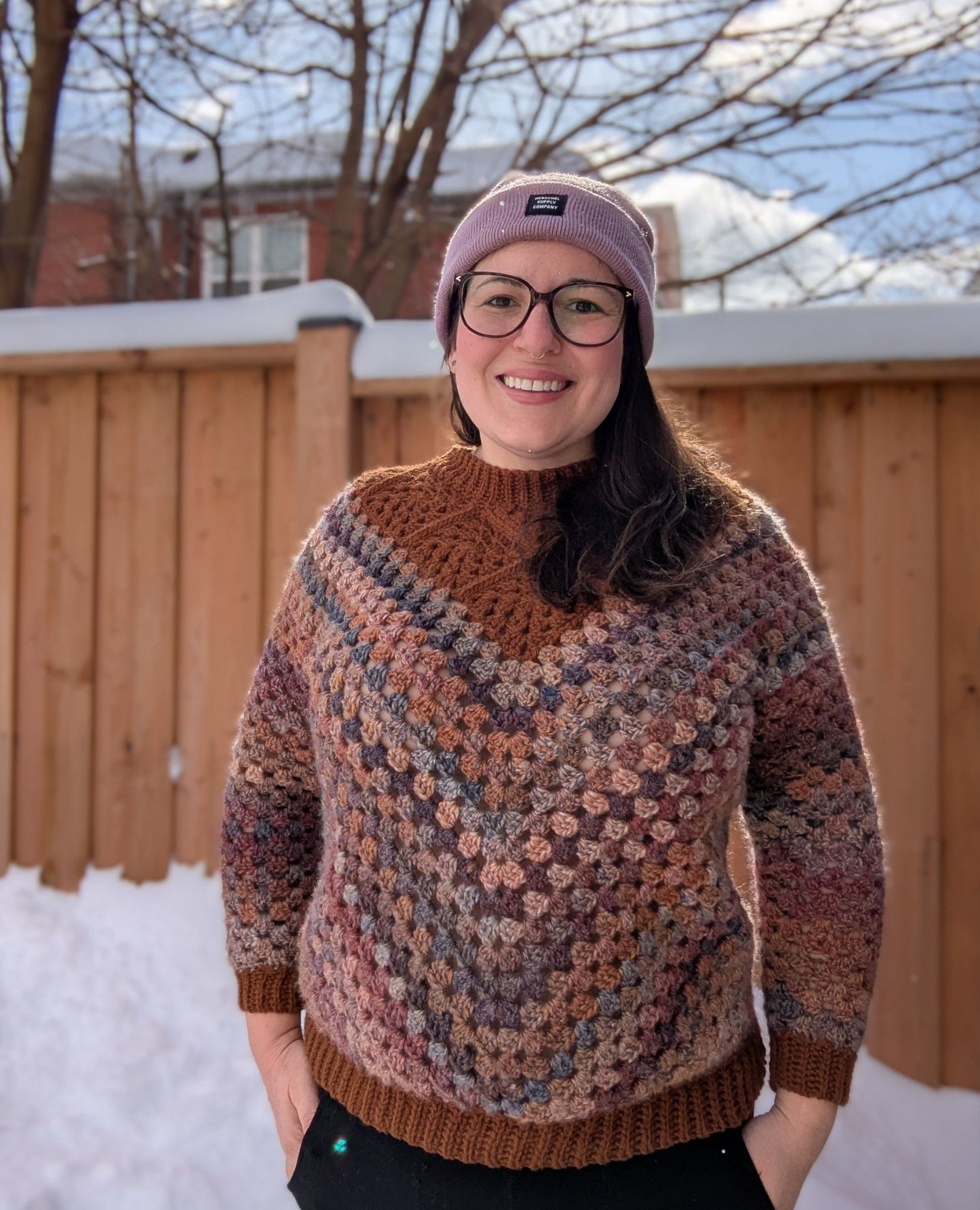 Franny Granny sweater in earthy tones with Caron Macchiato yarn